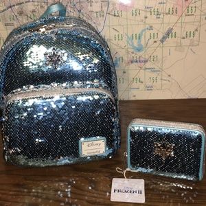 Loungefly frozen sequins backpack and cardholder b